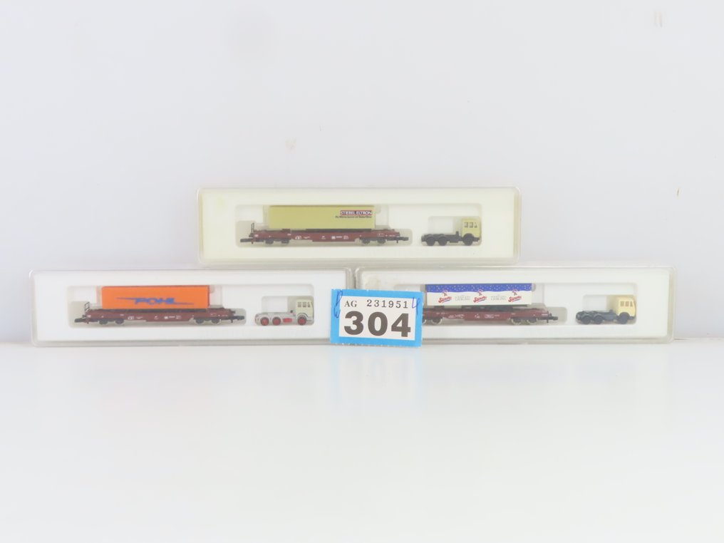 Märklin Z - 8662/82270 - Godsvagn för modelltåg (3) - 3x 4-axlad plattvagn för transport av trailers lastade med trailer 'Stiebel Eltron'. - DB #4.3