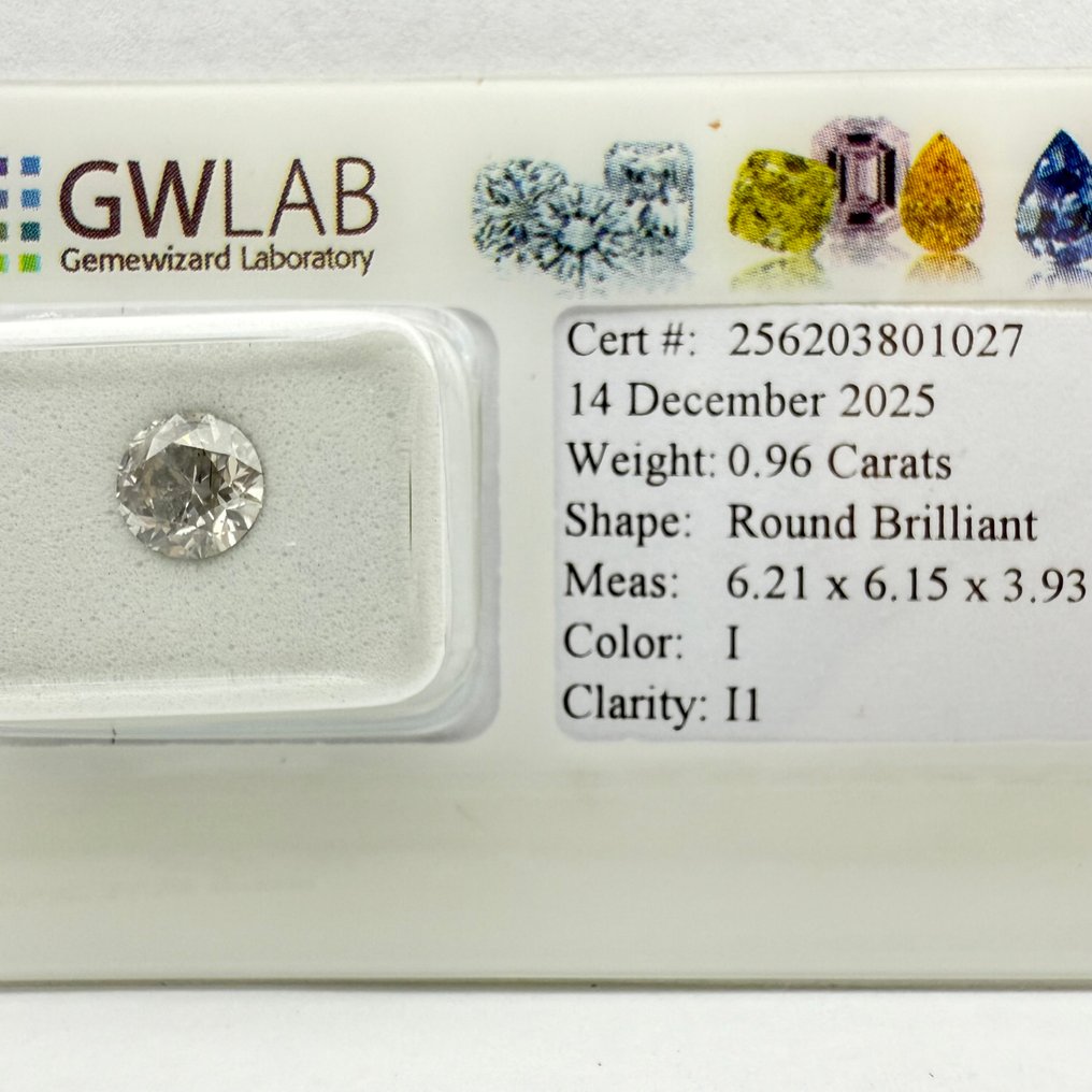 No reserve price - 1 pcs Diamond  (Natural)  - 0.96 ct - Round - I - I1 - Gemewizard Gemological Laboratory (GWLab) #1.0