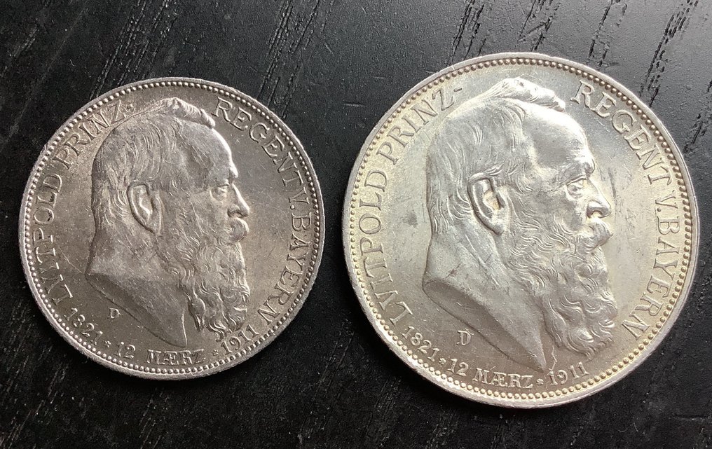Niemcy, Imperium Set of 2 coins: 2 & 3 Mark 1911 / 90th Birthday of Prince Regent Luitpold. Bayern  (Bez ceny minimalnej
) #1.0