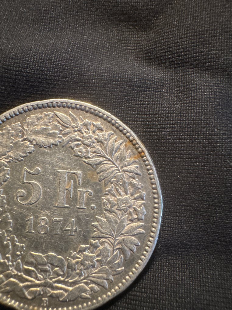 Zwitserland. 5 Francs 1874 B (ohne Punkt)  (Zonder minimumprijs) #2.1