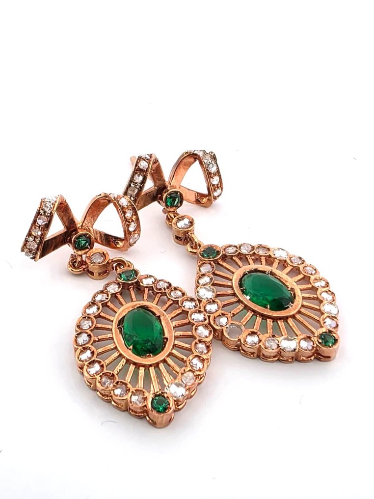 Ingen reservasjonspris - Øredobber - 9 karat Rosegull, Sølv Smaragd - Diamant #1.0