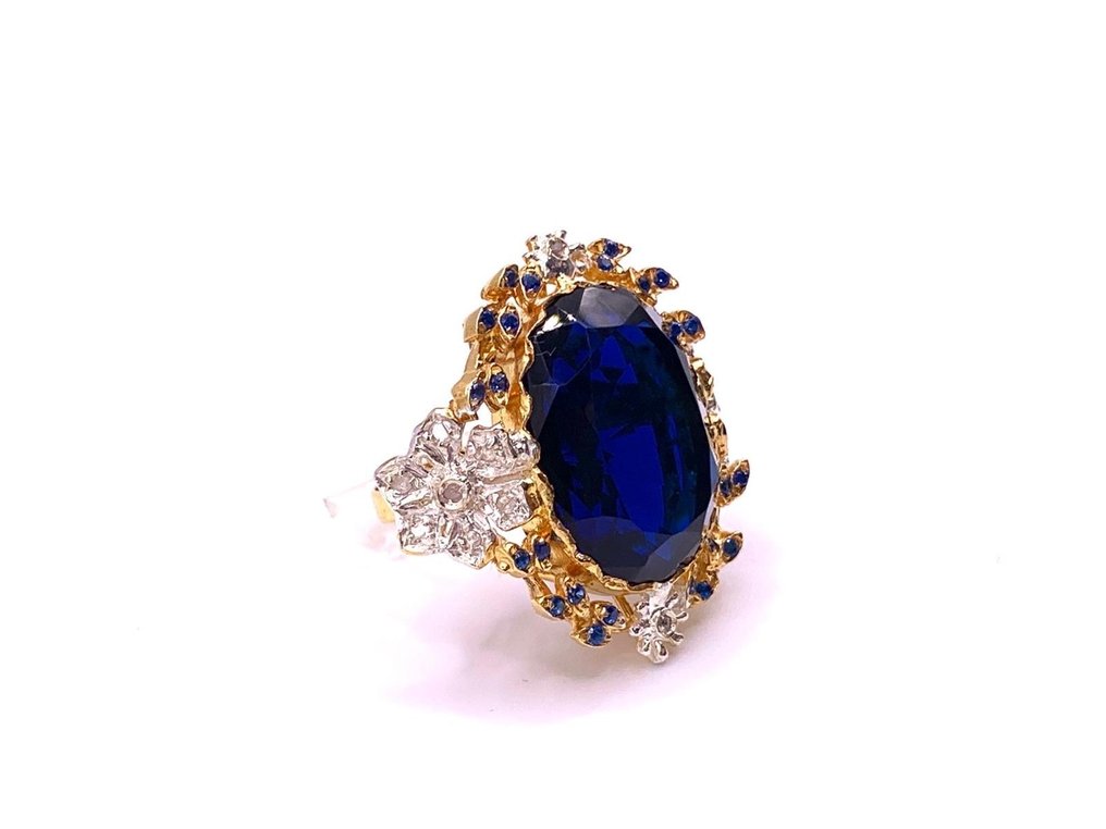 Zonder minimumprijs - Statement ring - 9 kt. Geel goud, Zilver Saffier - Saffier - Diamanten #4.3