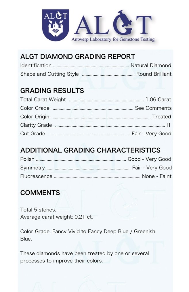 Bez ceny minimalnej
 - 5 pcs Diament  (Poddany obróbce barwy)  - 1.06 ct - okrągły - Fancy vivid Niebieski - I1 (z inkluzjami) - Antwerp Laboratory for Gemstone Testing (ALGT) #1.0