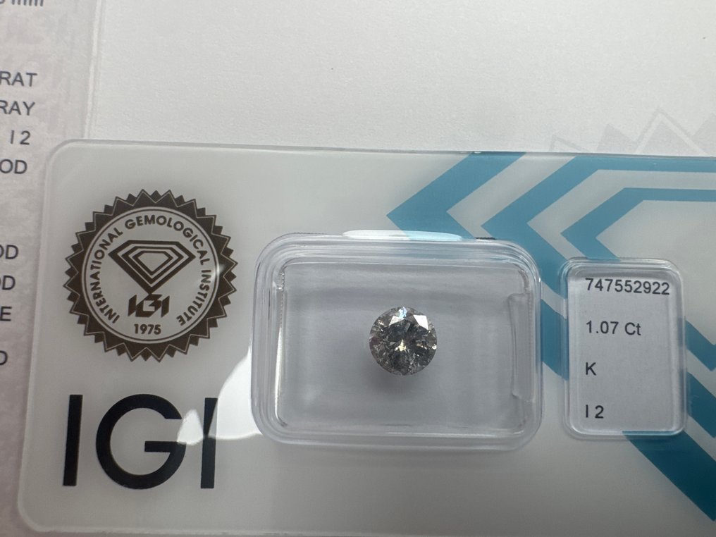 Nincs minimálár - 1 pcs Gyémánt  (Természetes)  - 1.07 ct - Kerek - K - I2 - Nemzetközi Gemmológiai Intézet (IGI) #1.0
