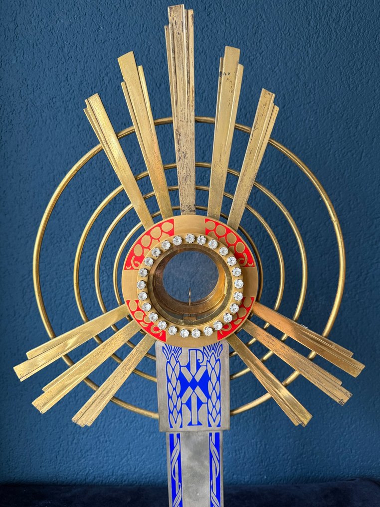 Monstrans - 61,5 cm - Messinki, Hopeoitu, Emali - 20. vuosisata - Ostensorium met lunula #3.2