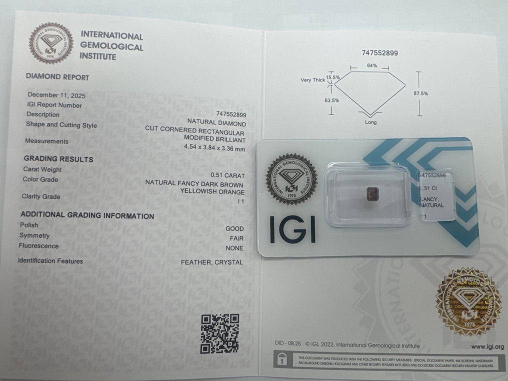 χωρίς τιμή ασφαλείας - 1 pcs Διαμάντι  (Φυσικού χρώματος)  - 0.51 ct - Ράντιαν - Fancy dark Κιτρινωπό, Καφέ, Πορτοκαλί - I1 - International Gemological Institute (IGI) #2.1