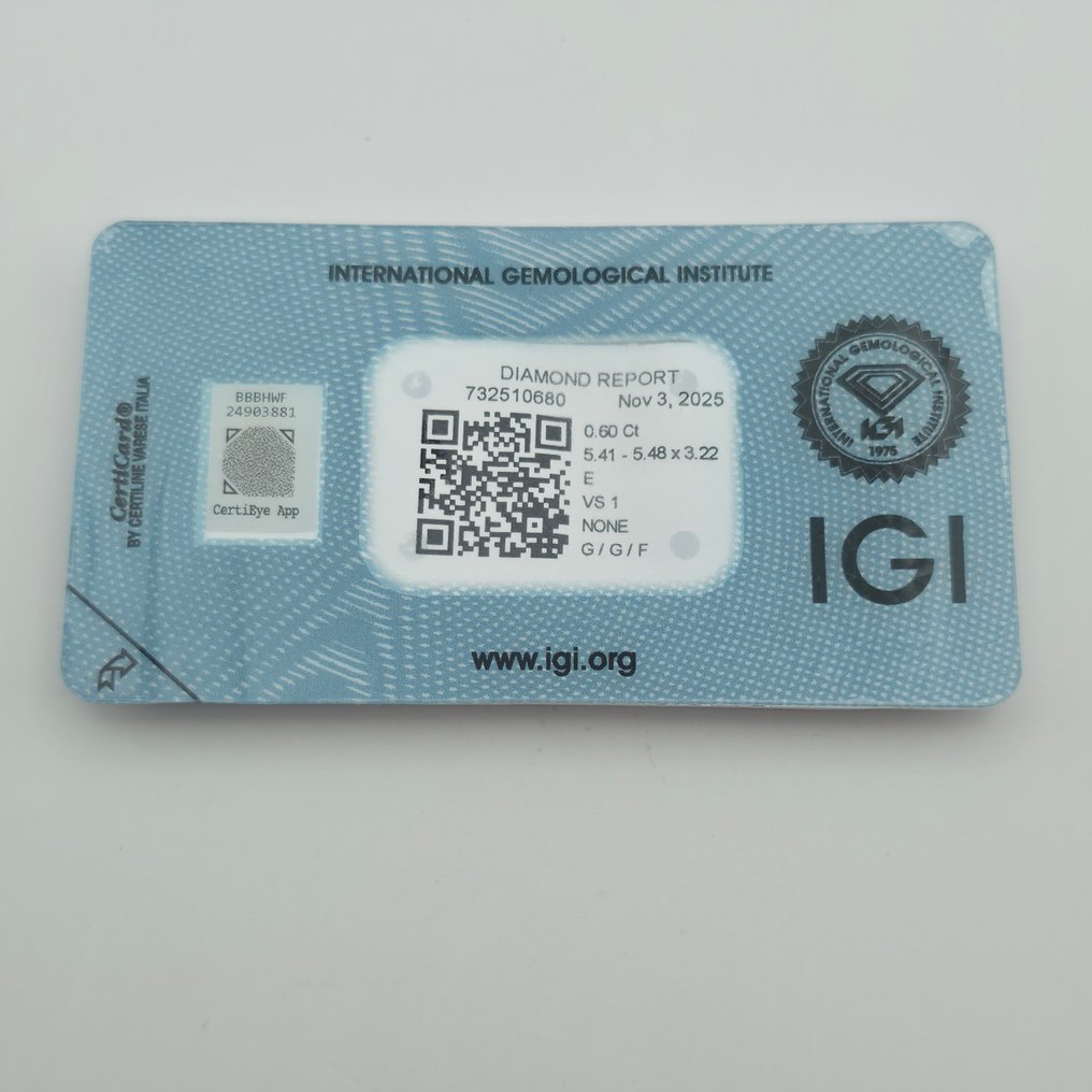 1 pcs 鑽石 (天然) - 0.60 ct - 圓形 - E(近乎完全無色) - VS1 - 國際寶石學院(International Gemological Institute (IGI)) #2.1