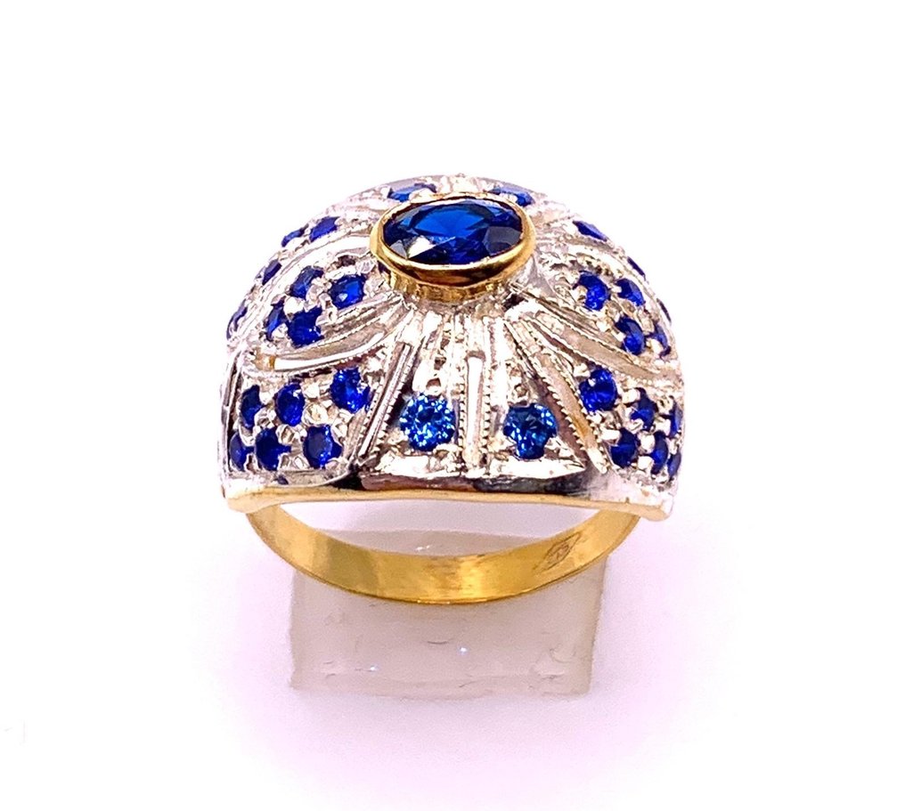 χωρίς τιμή ασφαλείας - Βραδινό δαχτυλίδι - 9 kt. Κίτρινο χρυσό, Ασημί Ζαφείρι - Ζαφείρι #2.1