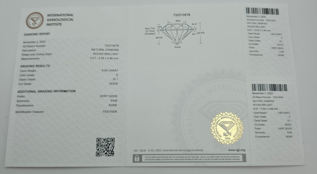 1 pcs 钻石  (天然)  - 0.65 ct - 圆形 - E - SI1 微内含一级 - 国际宝石研究院（IGI） #3.2