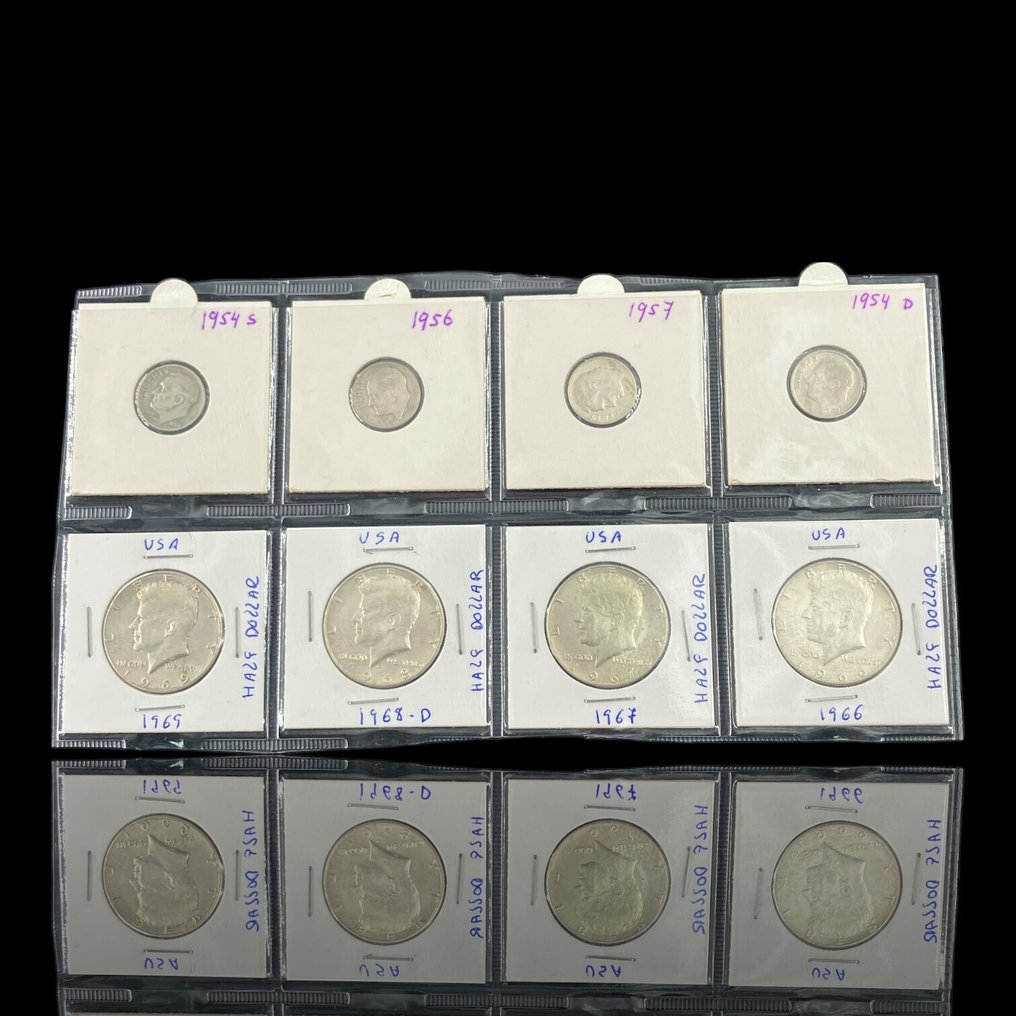 Estados Unidos. Lote 8 Moedas em Prata ( 4 x ½ Dollar "Kennedy Half Dollar" + 4 x  1 Dime "Roosevelt Silver Dime") 1954-1969  (Sem preço de reserva) #1.0