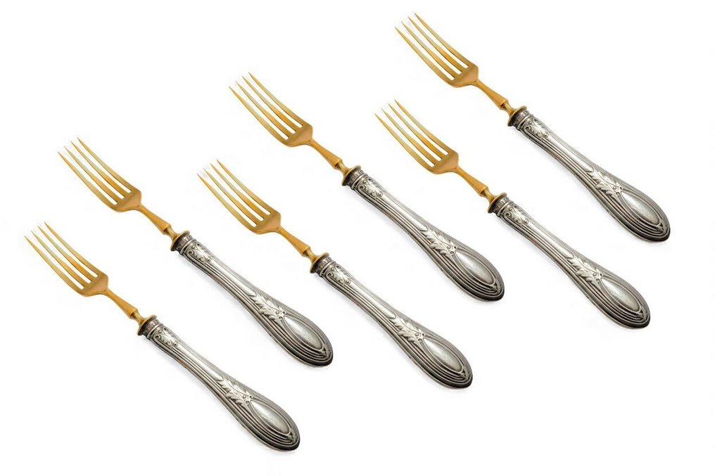 Σετ μαχαιροπήρουνων (13) - Σετ μαχαιροπήρουνα και μαχαίρια για 6 άτομα Μοντέλο «Fleurs» + Πρωτότυπο κουτί - Επάργυρο, Gold plated - 1970s #2.1