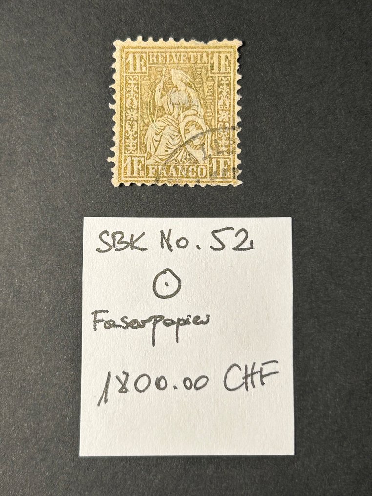 Schweiz 1881/1881 - Schweiz – 1 Franc 'Siddende Helvetia', guldprint på fibret papir (Faserpapier) SBK nr. 52 - SBK no. 52/Mi. 44 #1.0