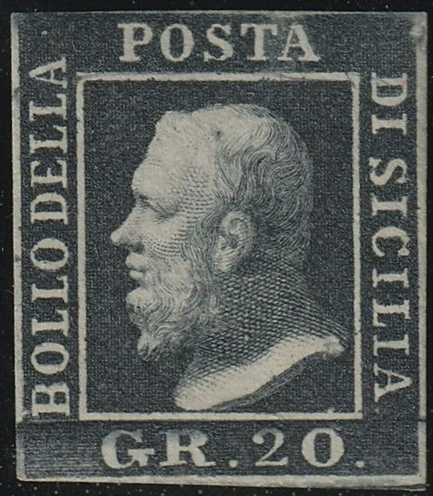 意大利古國－西西里 1859 - 20克深色板岩，位置71，Sass 13c，边缘分明，Spl #1.0