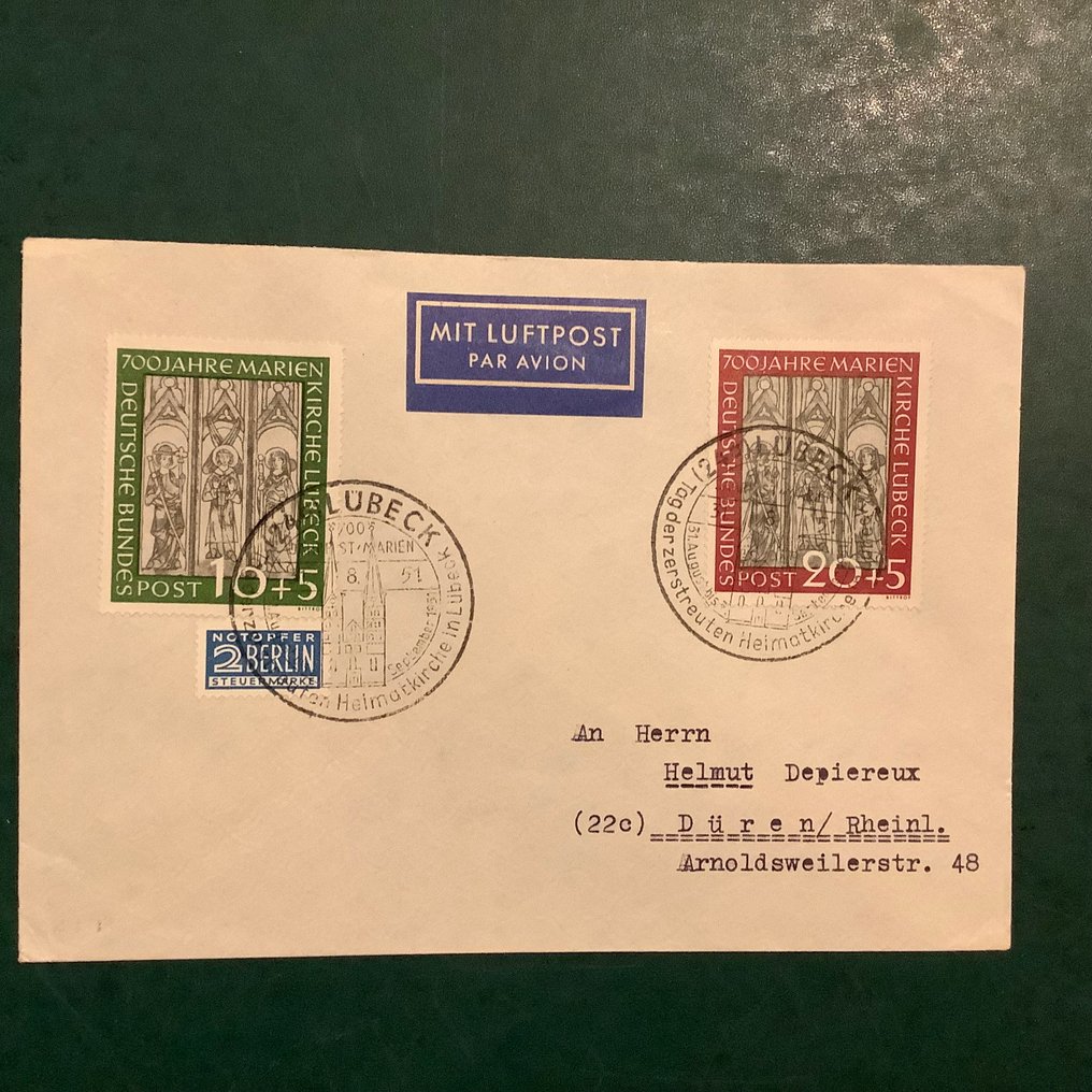 Germany, Federal Republic 1951 - Marien Church: series of correspondence on letter with the CTO from the second day of the issuance - Michel 139/140 #1.0