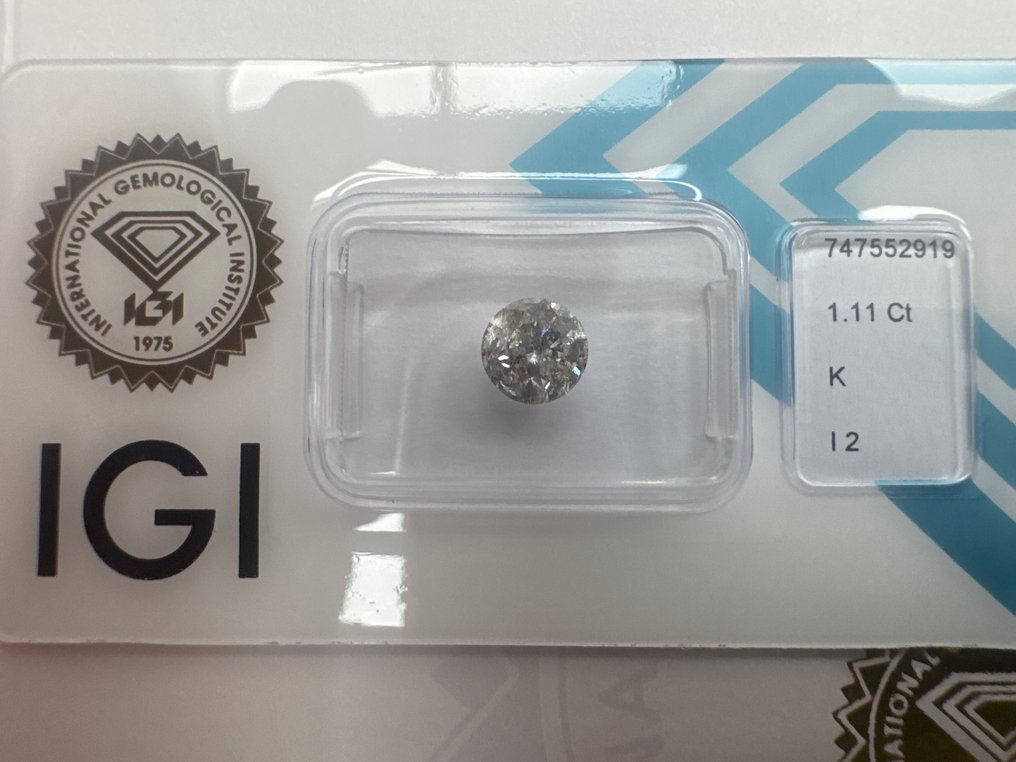 没有保留价 - 1 pcs 钻石 (天然) - 1.11 ct - 圆形 - K - I2 内含二级 - 国际宝石研究院(IGI) #1.0