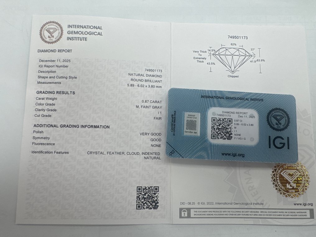 没有保留价 - 1 pcs 钻石  (天然)  - 0.87 ct - 圆形 - M - I1 内含一级 - 国际宝石研究院（IGI） #3.2