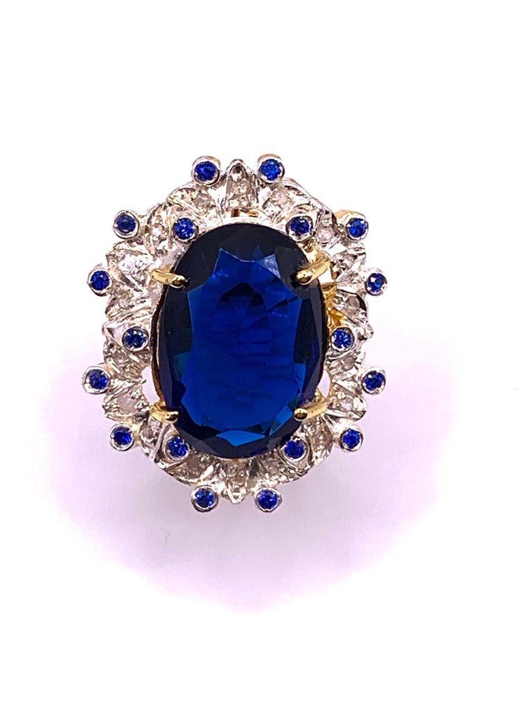 χωρίς τιμή ασφαλείας - Βραδινό δαχτυλίδι - 9 kt. Κίτρινο χρυσό, Ασημί Ζαφείρι - Ζαφείρι - Diamanti #1.0