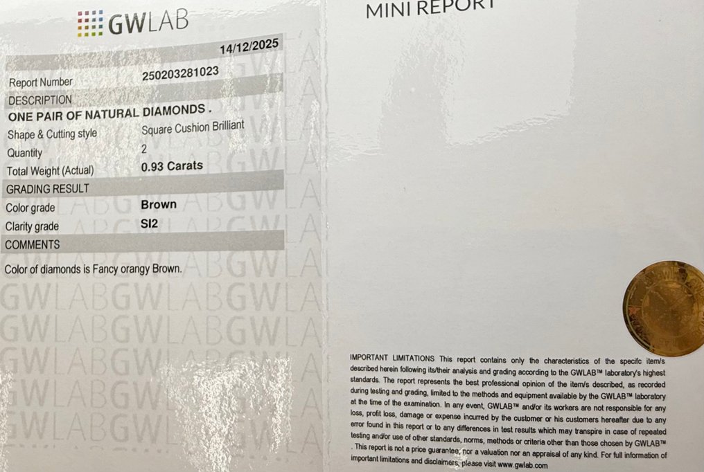 没有保留价 - 2 pcs 钻石 (天然色彩的) - 0.93 ct - 枕形 - Fancy 似橙色 棕色 - SI2 微内含二级 - Gemewizard宝石实验室(GWLab) #2.1