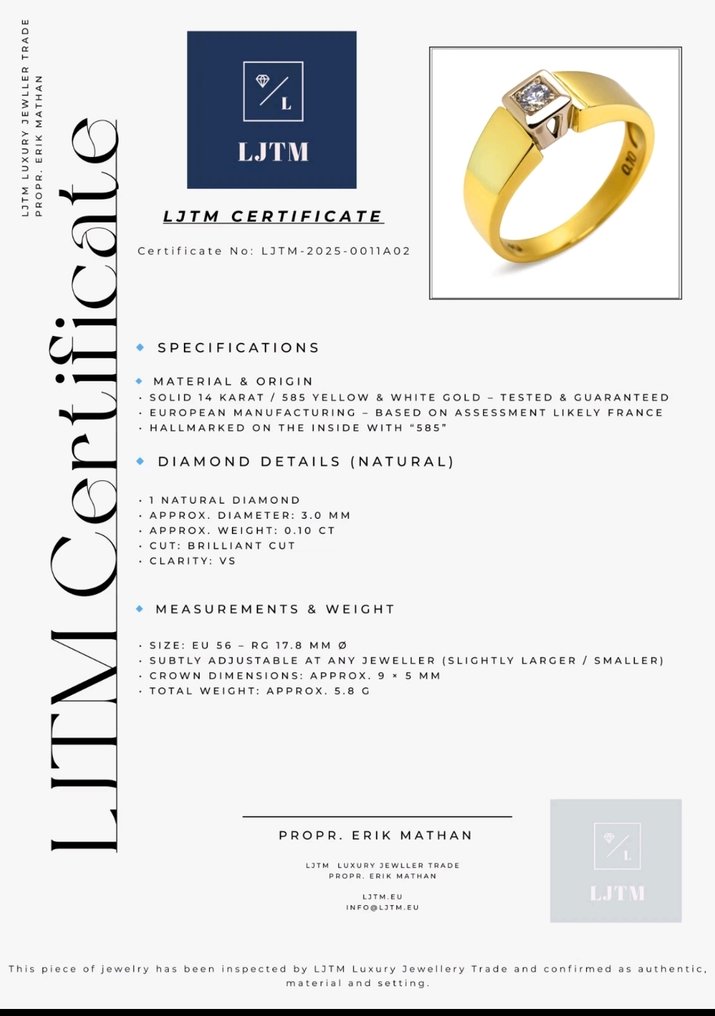 Bague - 14 carats Or jaune, Or blanc - 0.10ct. tw. Diamant (Naturelle) - Certificat Unikat Bicolor #2.1