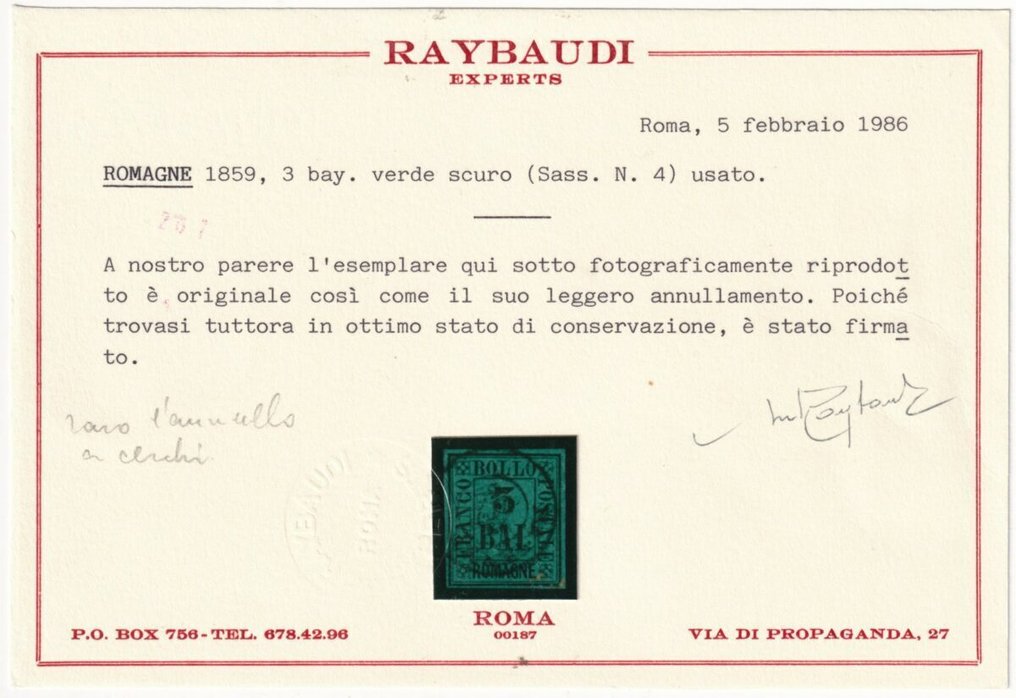 意大利古國－Romagne 1859 - 3 B. 深绿色 Sass 4，边距良好，配以清晰的中心圆，Cert.Raybaudi 奢华。 #2.1