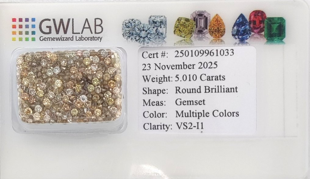No reserve price - 267 pcs Diamond  (Natural coloured)  - 5.01 ct - Round Mixed colours - I1, VS2 - Gemewizard Gemological Laboratory (GWLab) #2.1
