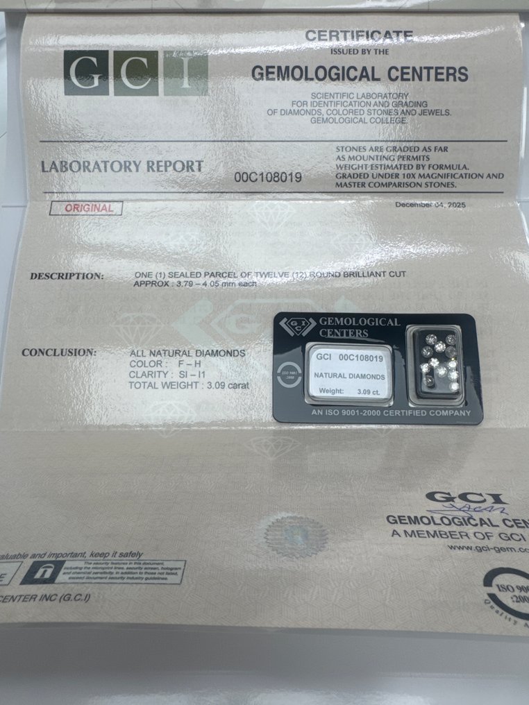 没有保留价 - 12 pcs 钻石  (天然)  - 3.09 ct - 圆形 - G, H, F - SI1 微内含一级, I1 内含一级 - 以色列宝石中心（G.C.I.） #2.1