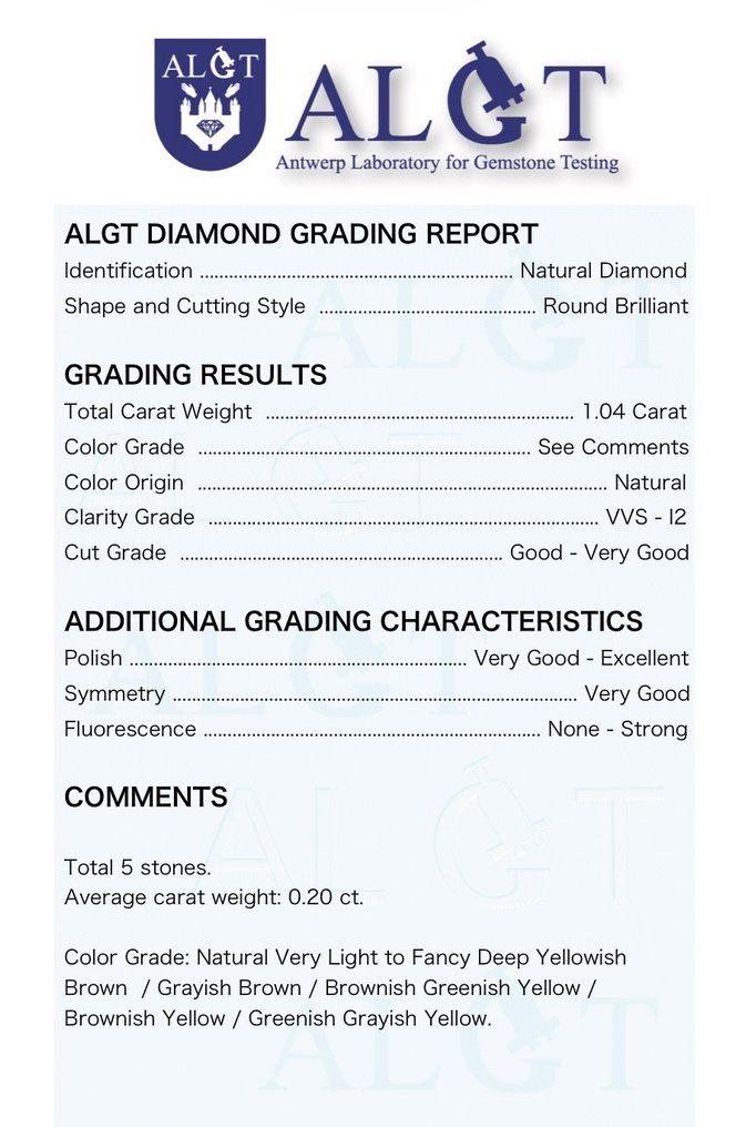 Zonder minimumprijs - 5 pcs Diamant (Natuurlijk gekleurd) - 1.04 ct - Rond Gemengde kleuren - VVS1, P2 - Antwerp Laboratory for Gemstone Testing (ALGT) #1.0