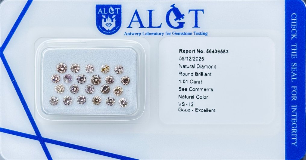 没有保留价 - 22 pcs 钻石  (天然色彩的)  - 1.01 ct - 圆形 混合棕色, 混合粉色 - VS1 轻微内含一级, I2 内含二级 - 安特卫普宝石检测实验室（ALGT） #1.0