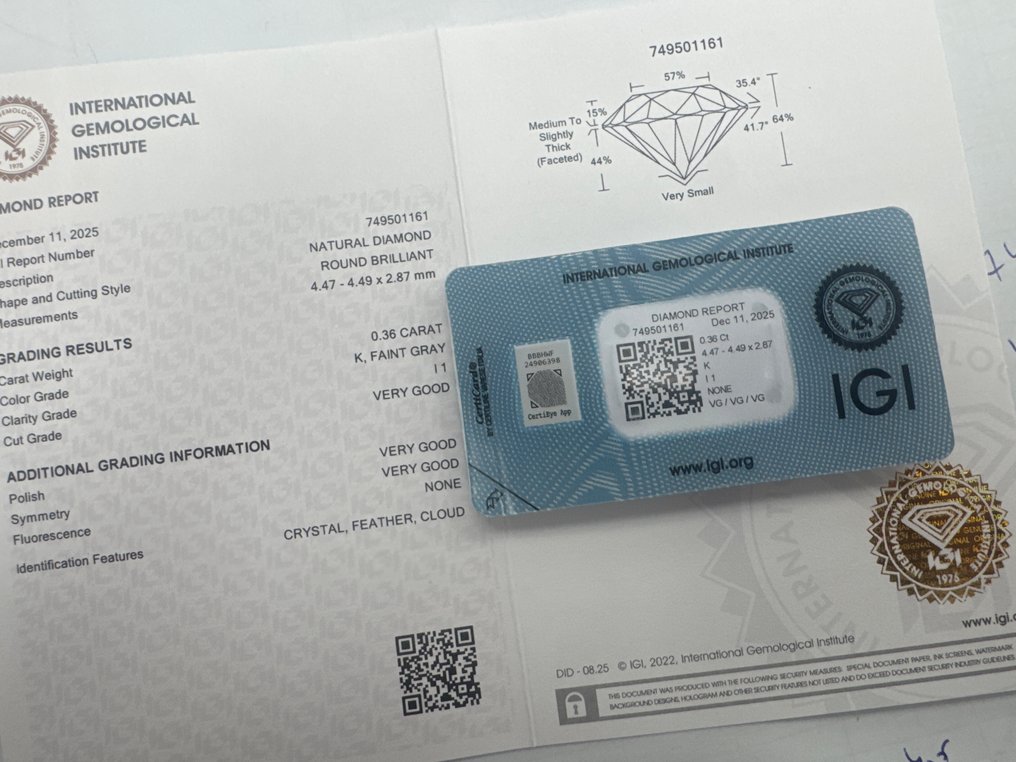 没有保留价 - 1 pcs 钻石  (天然)  - 0.36 ct - 圆形 - K - I1 内含一级 - 国际宝石研究院（IGI） #3.2