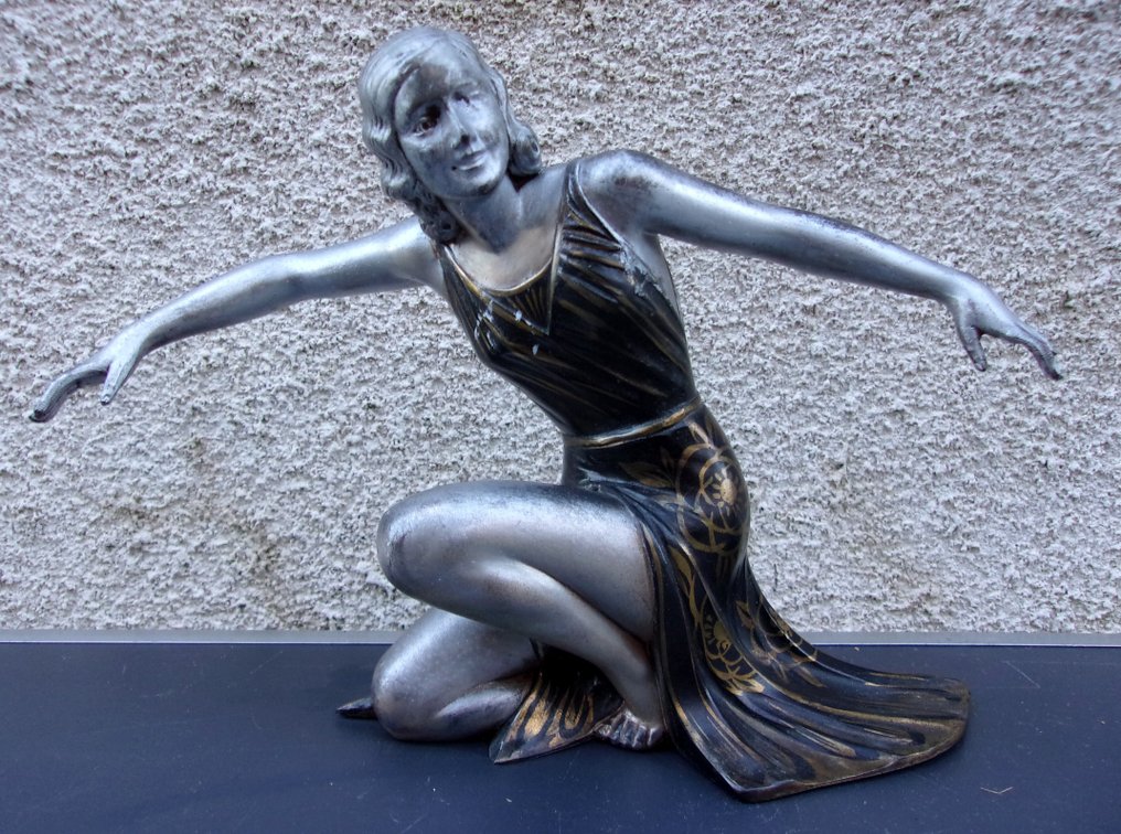 S.MELANI (1902- 1934) - Szobor, la danseuse - statue - 18 cm - Cink (spelter) #1.0