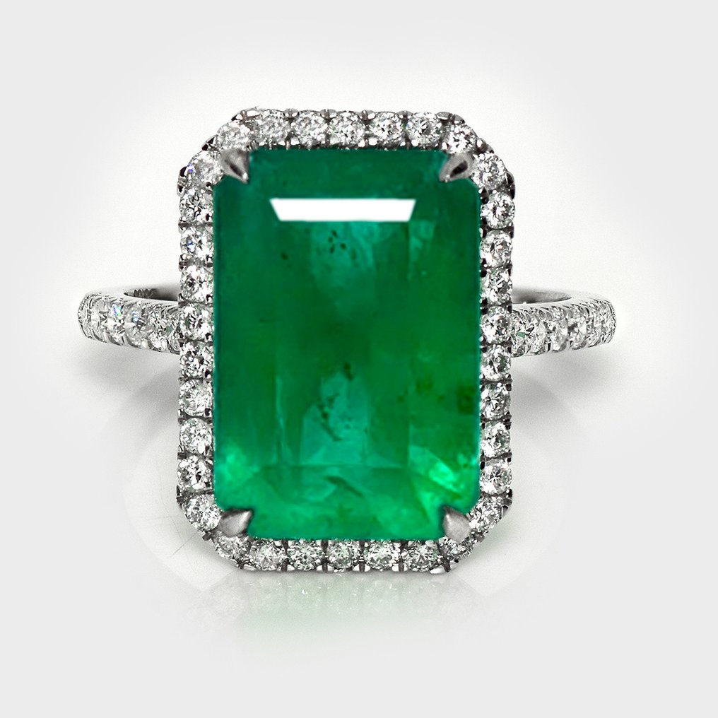 Ingen mindstepris - Ring - 14 karat Hvidguld, IGI 9,10 ct Zambia Intense Grøn -  9.70ct. tw. Smaragd - Diamant #1.0