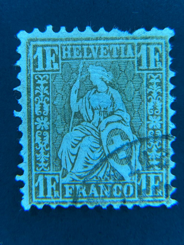 Schweiz 1881/1881 - Schweiz – 1 Franc 'Siddende Helvetia', guldprint på fibret papir (Faserpapier) SBK nr. 52 - SBK no. 52/Mi. 44 #3.2