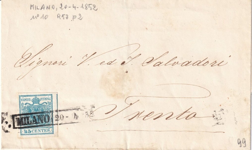 State Italiene Antice - Lombardo Veneto 1852 - 20 apr 5 c. I° tip azuriu Sass 10, bine marginit pe o copertă superioară proaspătă, de Milano către #1.0