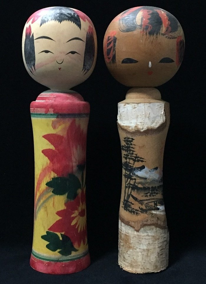 一套两件日本复古木制Kokeshi娃娃（高：24厘米） - 木 - Signed - 日本 - Shōwa period (1926-1989) #1.0