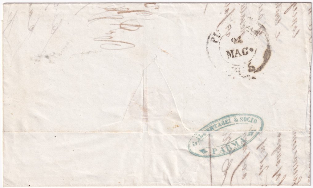 意大利古城邦-帕尔马 1855 - 23 Mar 15 C. Vermiglio Sass 7 Bdf，盈利良好，来自帕尔马寄给皮亚琴察Spl的最新信件。 #1.0