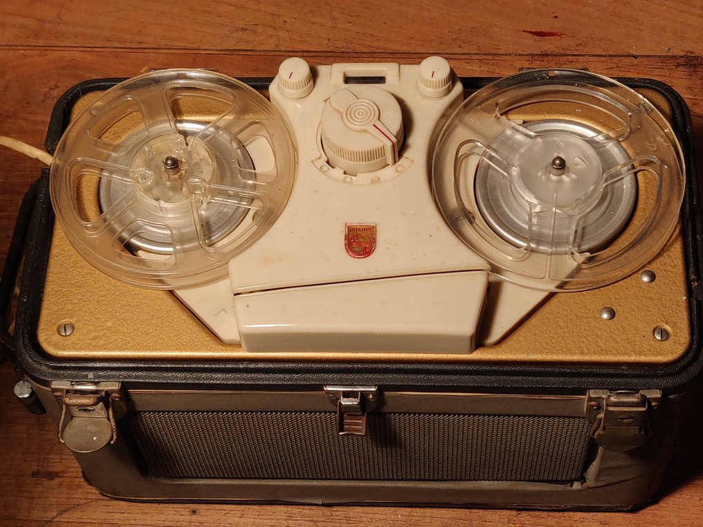 Philips - draagbare bandrecorder (reel-to-reel) in koffer + microfoon + 2 spoelen – getest & werkend Bærbar båndoptager #1.0