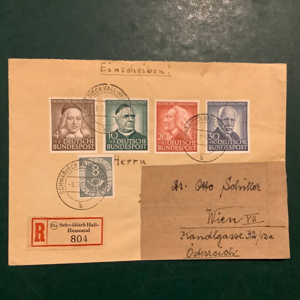Duitsland, Bondsrepubliek 1953 - Helper der Mensheid IV : volledige emissie op echt gelopen aangetekende zending - Michel 173/176 #1.0