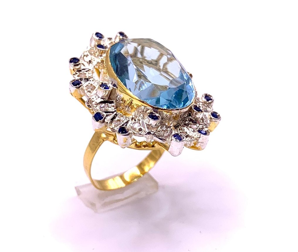 没有保留价 - 鸡尾酒戒指 - 9 kt. 黄金, 银 海蓝宝石 - 蓝宝石 - Diamanti #2.1