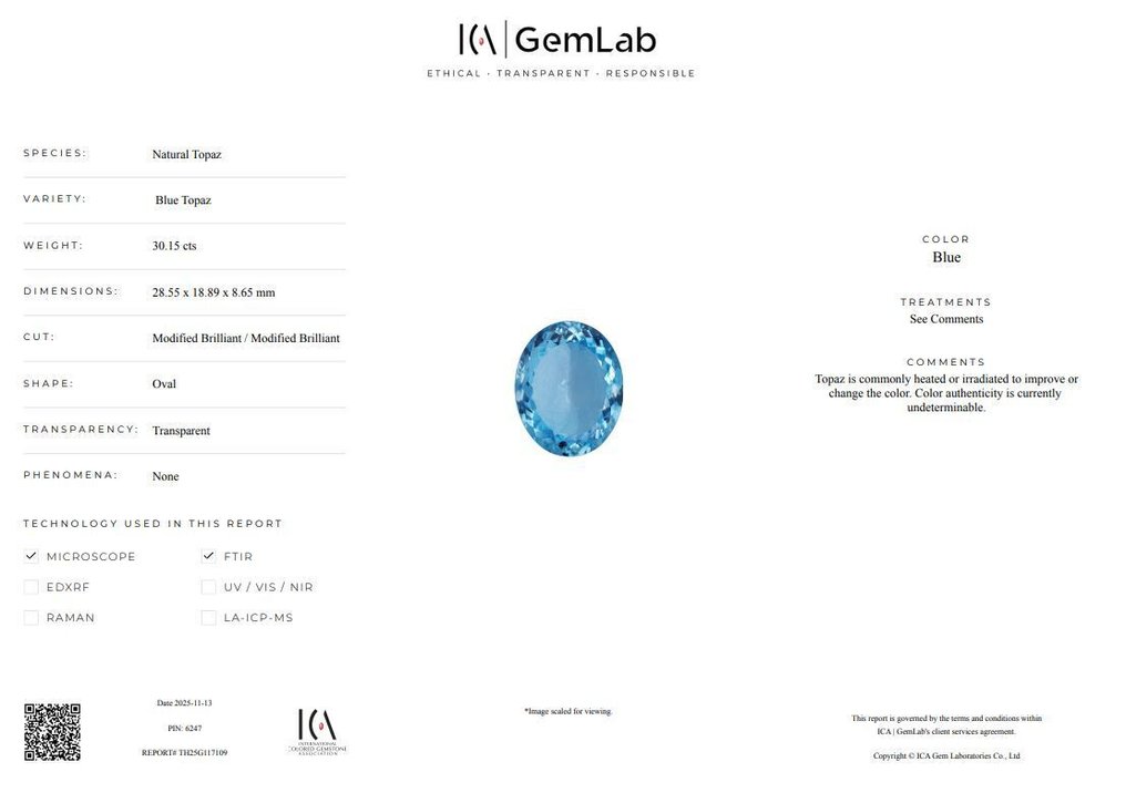 χωρίς τιμή ασφαλείας - 1 pcs  Μπλε Τοπάζιο  - 30.15 ct - Διεθνής Ένωση Έγχρωμων Πολύτιμων Λίθων (ICA GemLab) #3.2