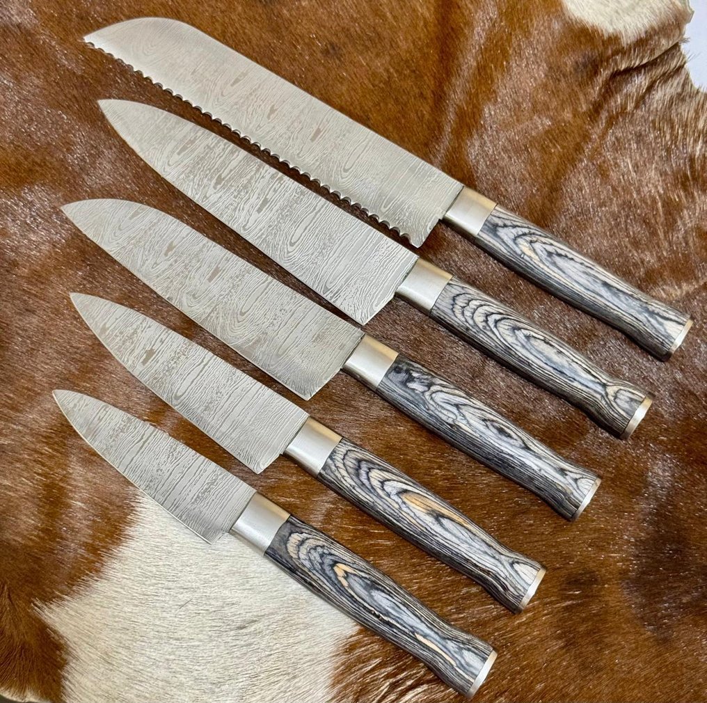 厨刀 - 厨房刀具套装(0017) - 美国异国木柄与1095/15N20折叠钢 - 英国 - 厨房刀具套装 #1.0