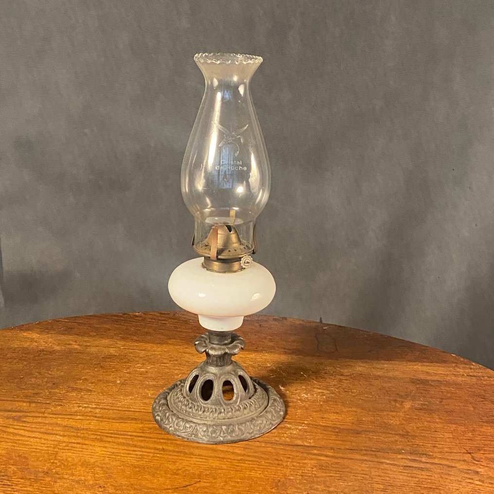 Lampe à pétrole - Verre, ancienne lampe à pétrole fin XIXe siècle, Métal #1.0