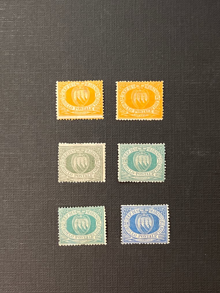 圣玛利诺 1877/1894 - 圣马力诺徽章彩票6，带完整橡胶背面，全新邮票。 - Sassone N. 2x 2, 13, 14, 27, 28 #1.0