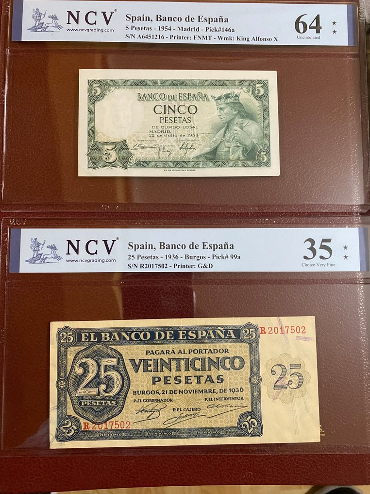 Espanha. - 5 Pesetas 1954 and 25 Pesetas 1936 - Pick 146a and 99a (Sem preço de reserva) #2.1