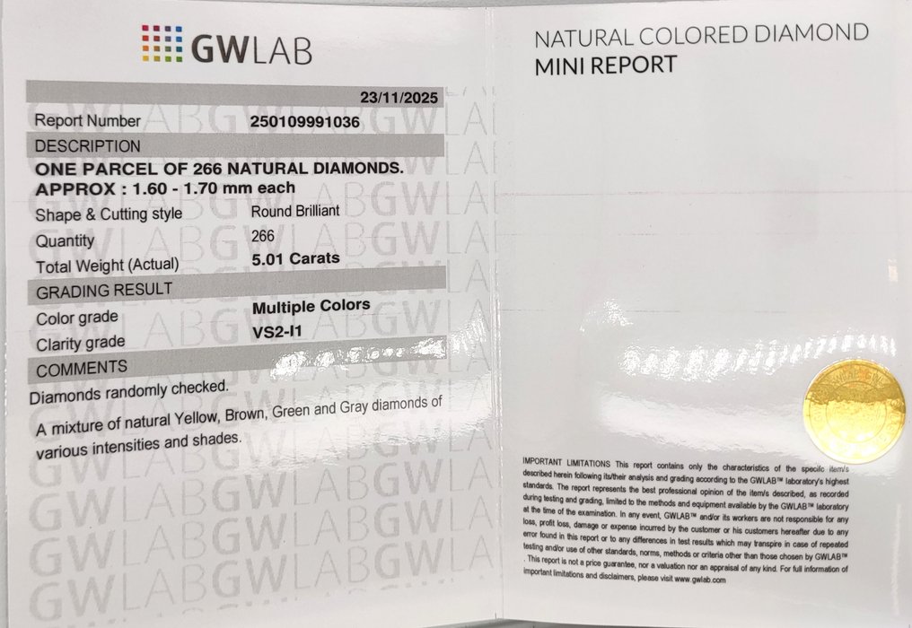 沒有保留價 - 266 pcs 鑽石 (天然彩色) - 5.01 ct - 圓形 混色 - I1, VS2 - Gemewizard Gemological Laboratory (GWLab) #3.2