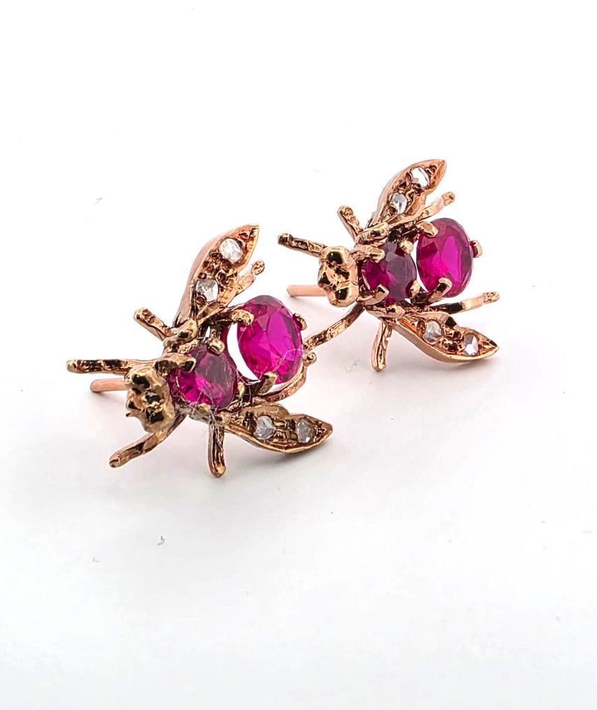 没有保留价 - 耳环 - 9 kt. 玫瑰金, 银 红宝石 - 钻石 #2.1