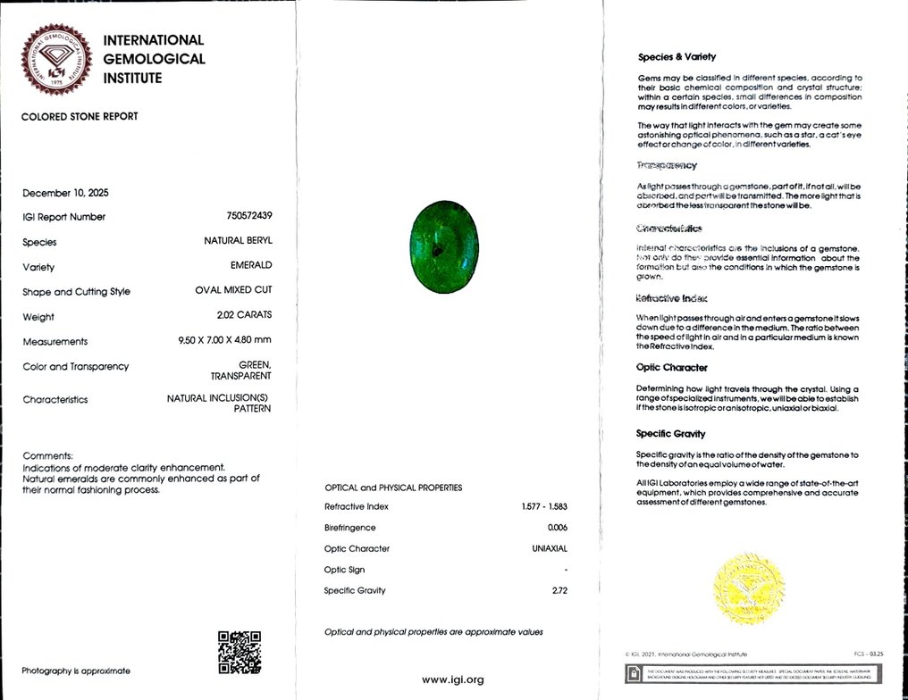 No reserve price Emerald  - 2.02 ct - International Gemological Institute (IGI) #2.1