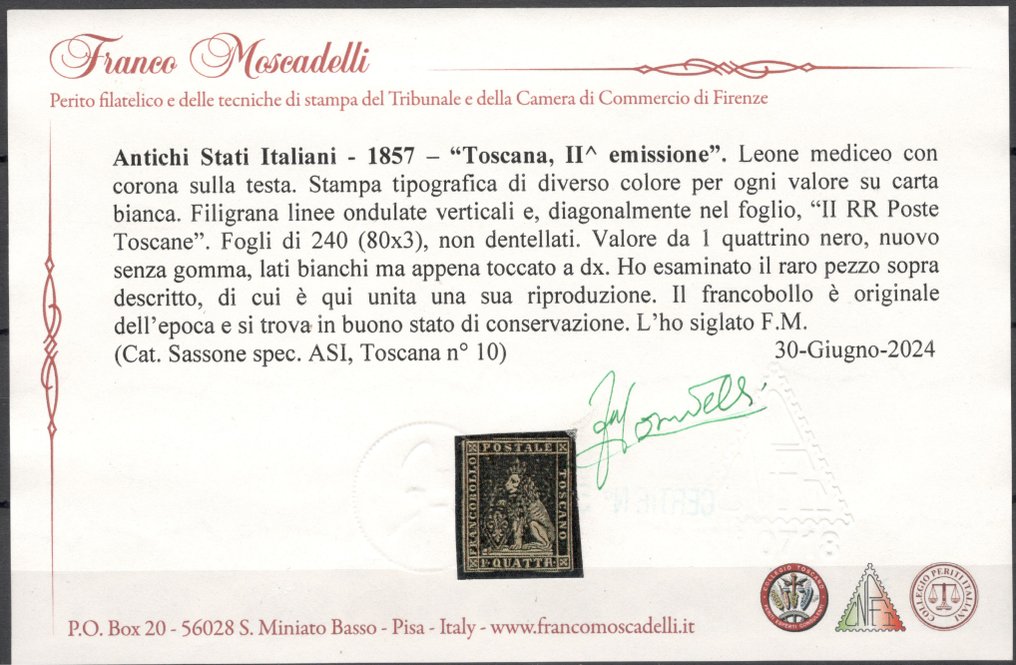 Italian Ancient States - Tuscany 1857 - Second Issue: 1 Quattro Noir New Without Gum - No reserve price - Sassone n.10 #3.2