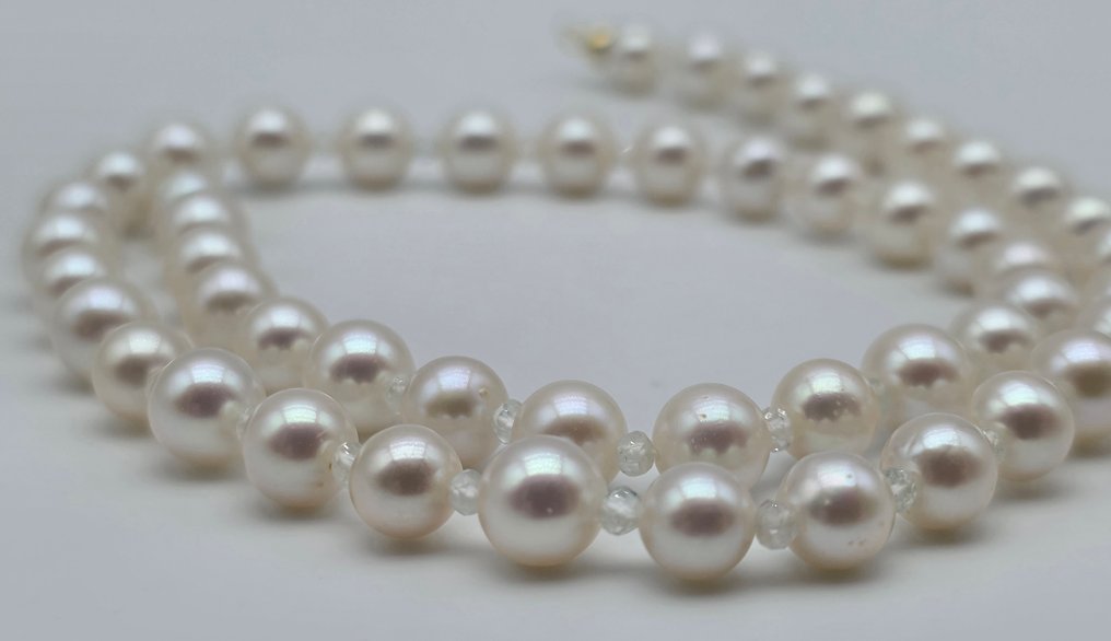 Nincs minimálár - Nyaklánc - 18 kt. Sárga arany Gyöngy - Akvamarin - Akoya gyöngyök 7-től 7,2-ig #4.3