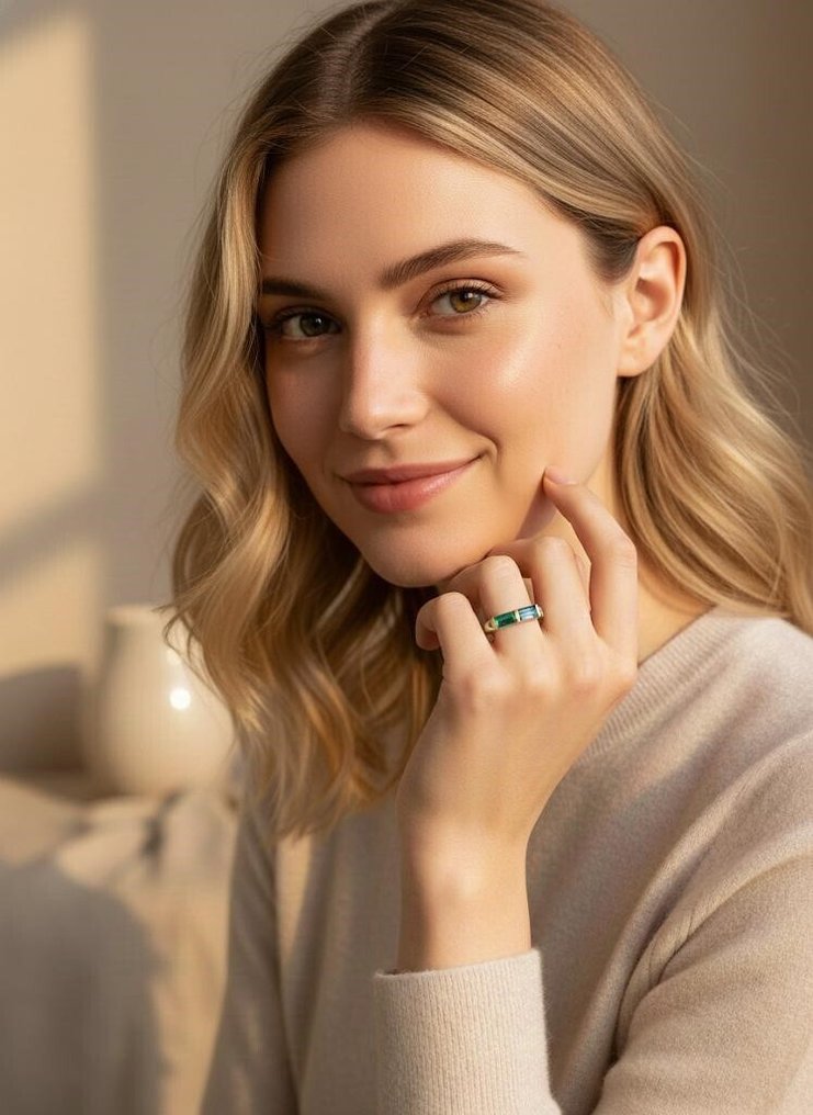 Zonder minimumprijs - Cocktailring - 18 karaat Geel goud, Zilver -  1.00ct. tw. Smaragd - Diamant #1.0