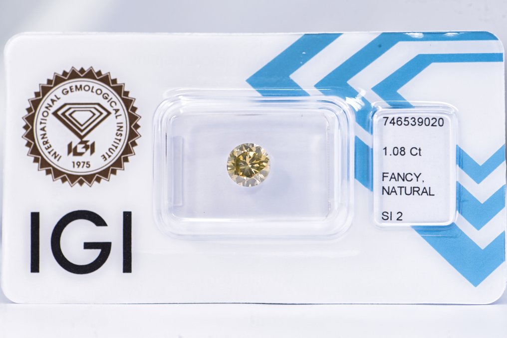 没有保留价 - 1 pcs 钻石  (天然色彩的)  - 1.08 ct - 圆形 - Fancy 稍帶綠色的 黄色 - SI2 微内含二级 - 国际宝石研究院（IGI） - VG #1.0